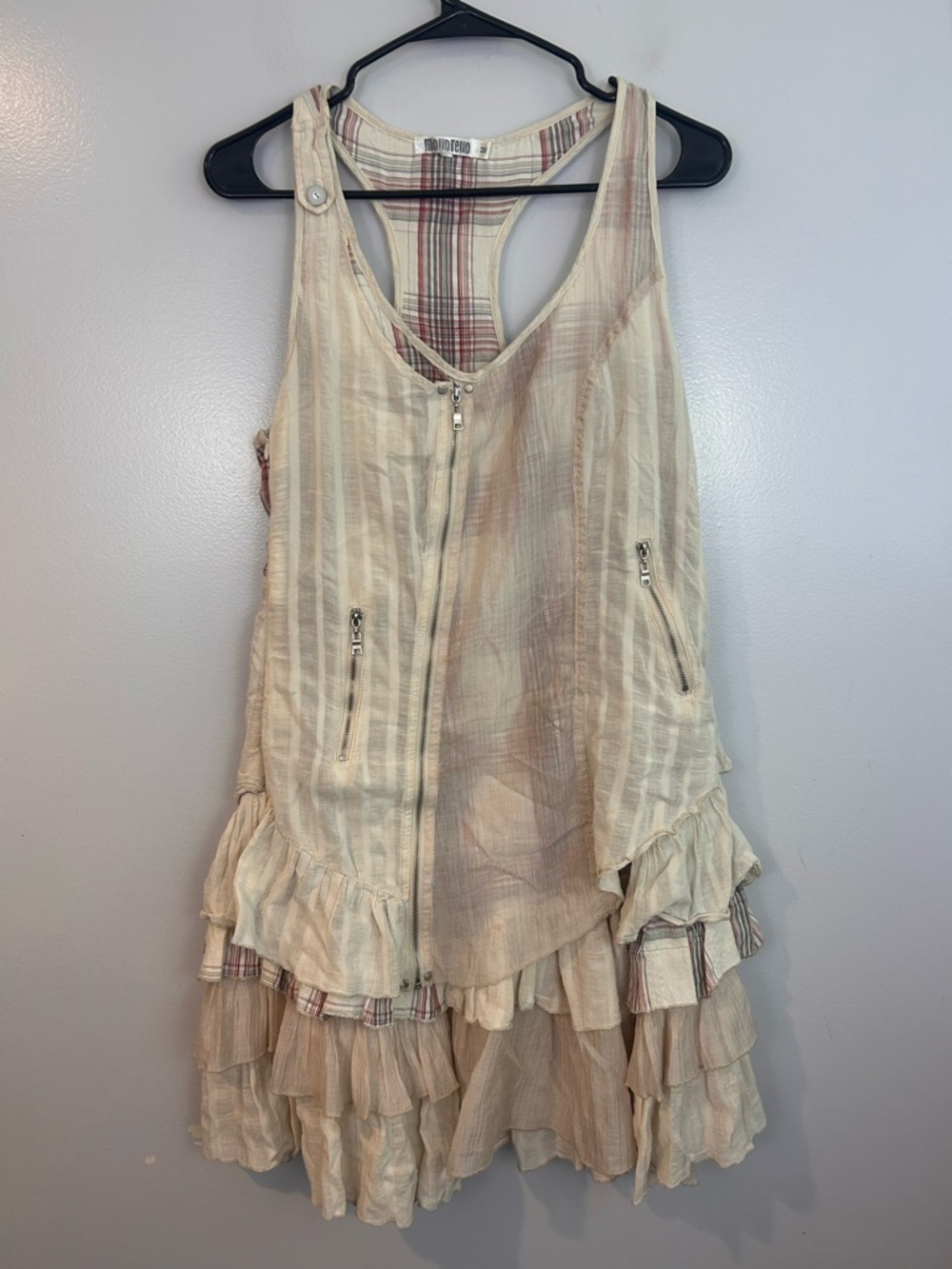 Monoreno Beige/Plaid Gauze Sleeveless Ruffle Zipper Mini Gypsy Dress Size Medium
